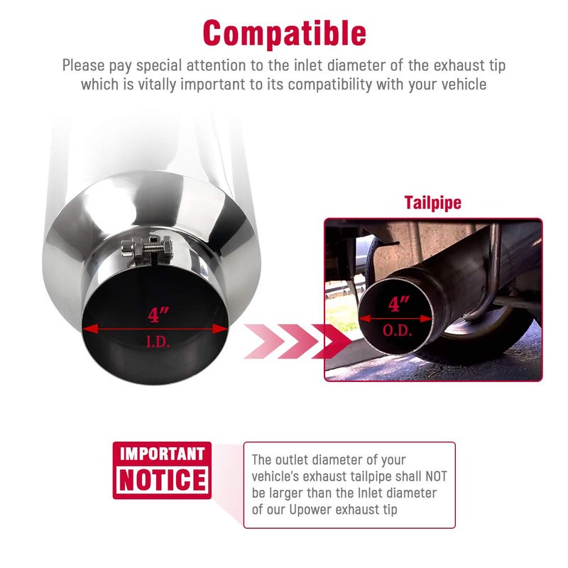 Upower 4" to 10" Exhaust Tip Mirror Polished 4 Inch Inlet 10 Inch Outlet Exhaust Tailpipe 18" Length Bolt-On 45 Degree Angle Cut Tail Pipe - Image 2